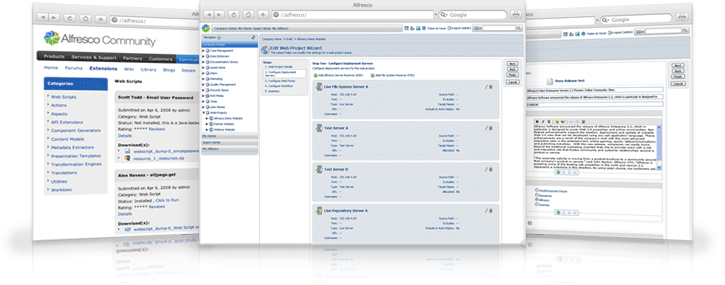 Screenshots of 3 different features of Alfresco Document Management.